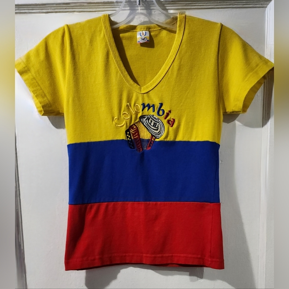 Colombia Kids' V-Neck Colorblock Tee - Yellow Blue Red size: S